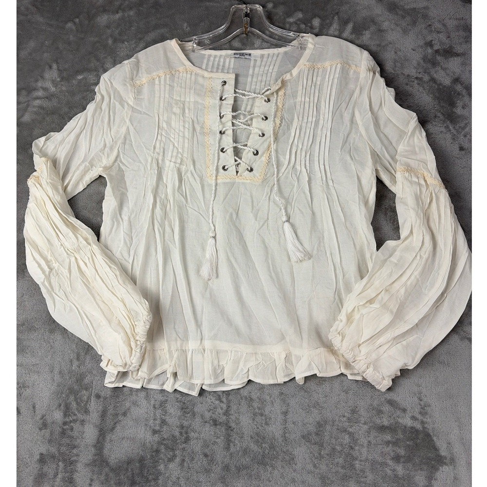 Sweewe Paris White Lace Up Peasant Blouse Tassel Pintuck Balloon Sleeve Ruffle